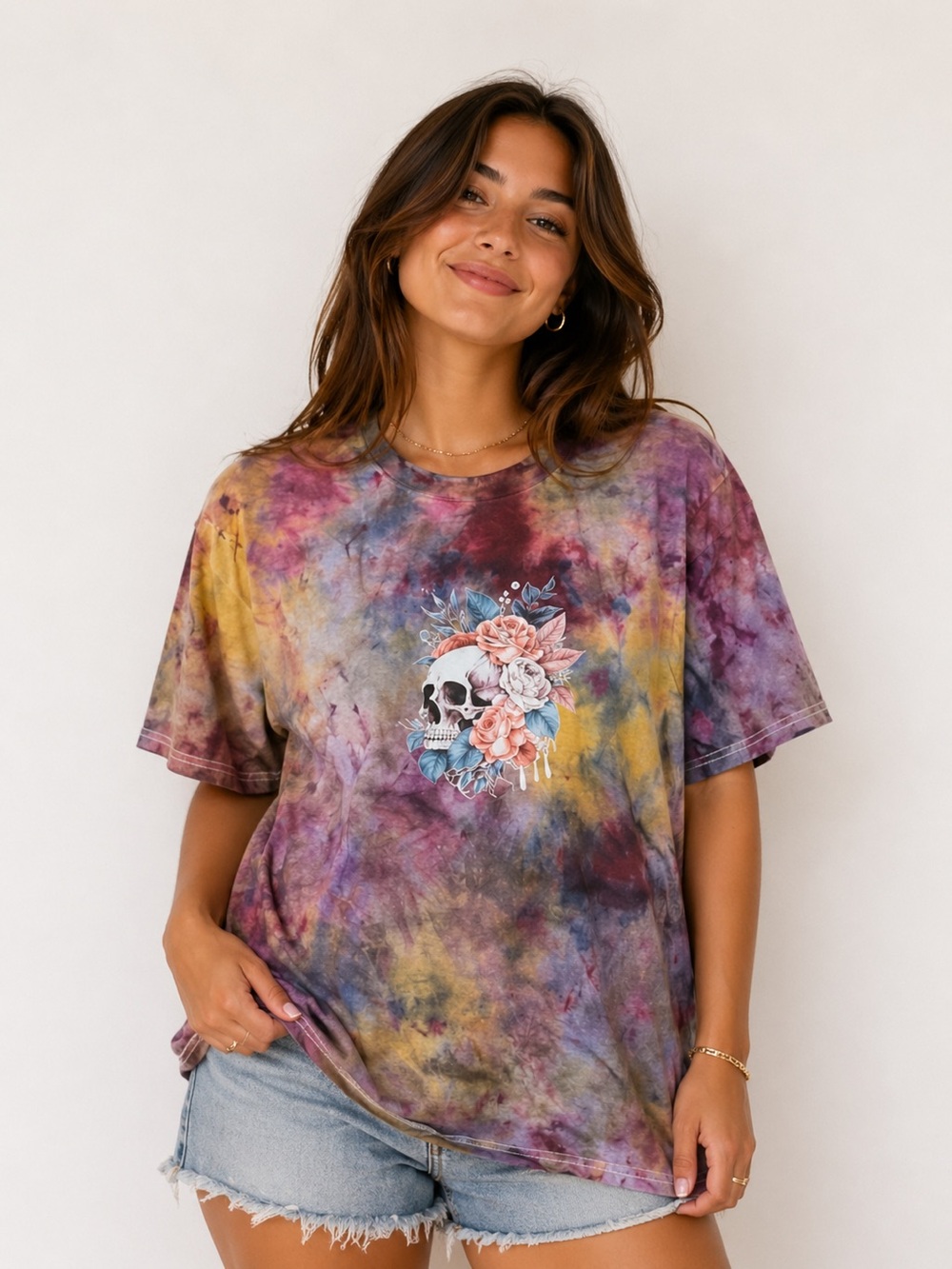 Gildan Ice Dyed Floral Skull  Tshirt Large